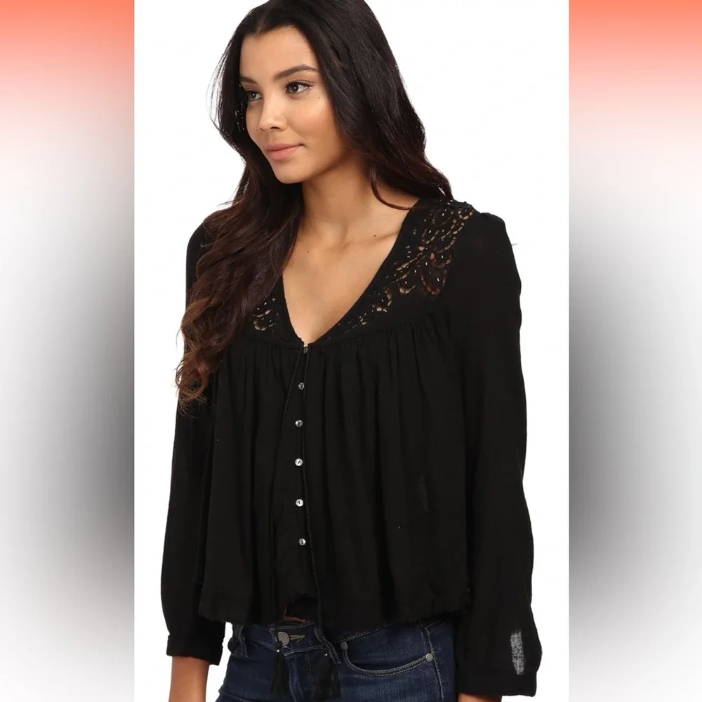 Free People Boho Black Flowy Cutout Lace Detail sz XS/S Elaved Boho Festivalcore